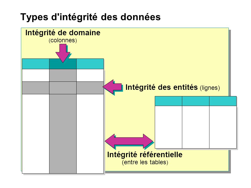 Types d intégrité des données Intégrité de domaine ( colonnes ) Intégrité des entités (lignes) Intégrité référentielle (entre les tables )