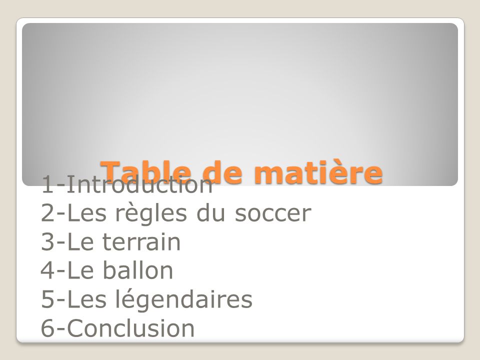 Table de matière 1-Introduction 2-Les règles du soccer 3-Le terrain 4-Le ballon 5-Les légendaires 6-Conclusion