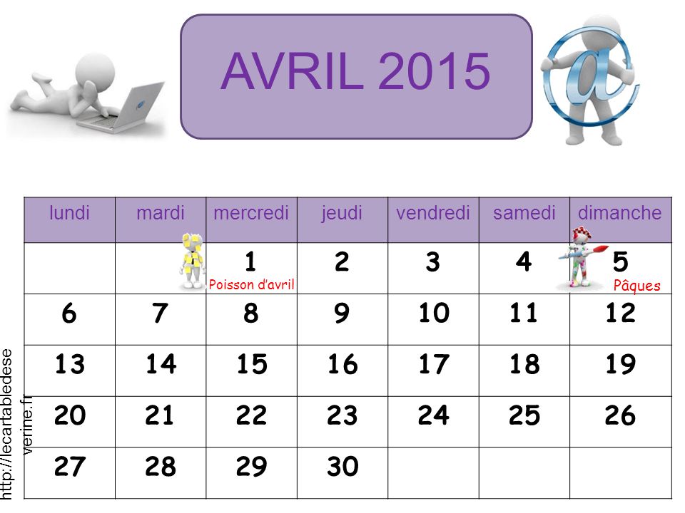 AVRIL 2015 lundimardimercredijeudivendredisamedidimanche Pâques Poisson d’avril   verine.fr