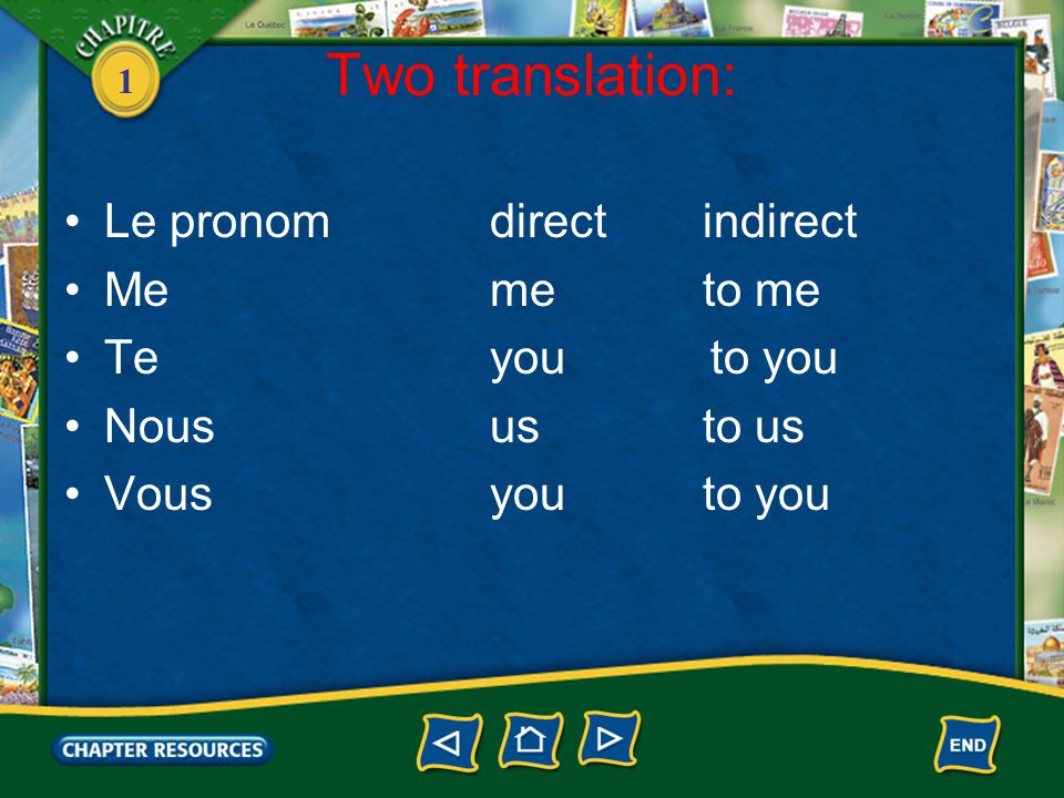 1 Two translation: Le pronomdirectindirect Memeto me Te you to you Noususto us Vousyou to you