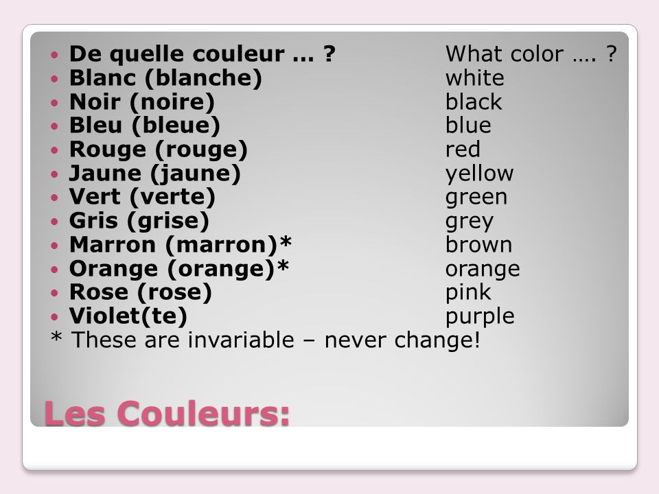 Les Couleurs: De quelle couleur … What color ….