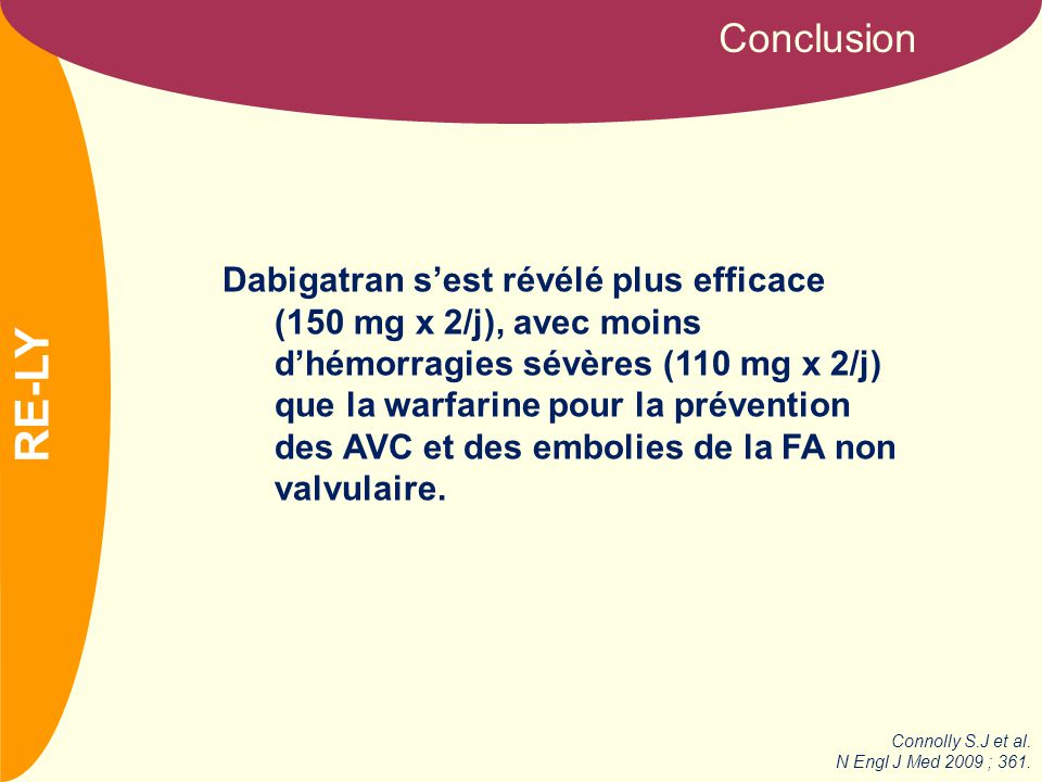 NOM Conclusion Dabigatran s’est révélé plus efficace (150 mg x 2/j), avec moins d’hémorragies sévères (110 mg x 2/j) que la warfarine pour la prévention des AVC et des embolies de la FA non valvulaire.