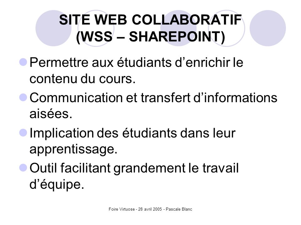 Foire Virtuose - 28 avril Pascale Blanc SITE WEB COLLABORATIF (WSS – SHAREPOINT) Permettre aux étudiants d’enrichir le contenu du cours.