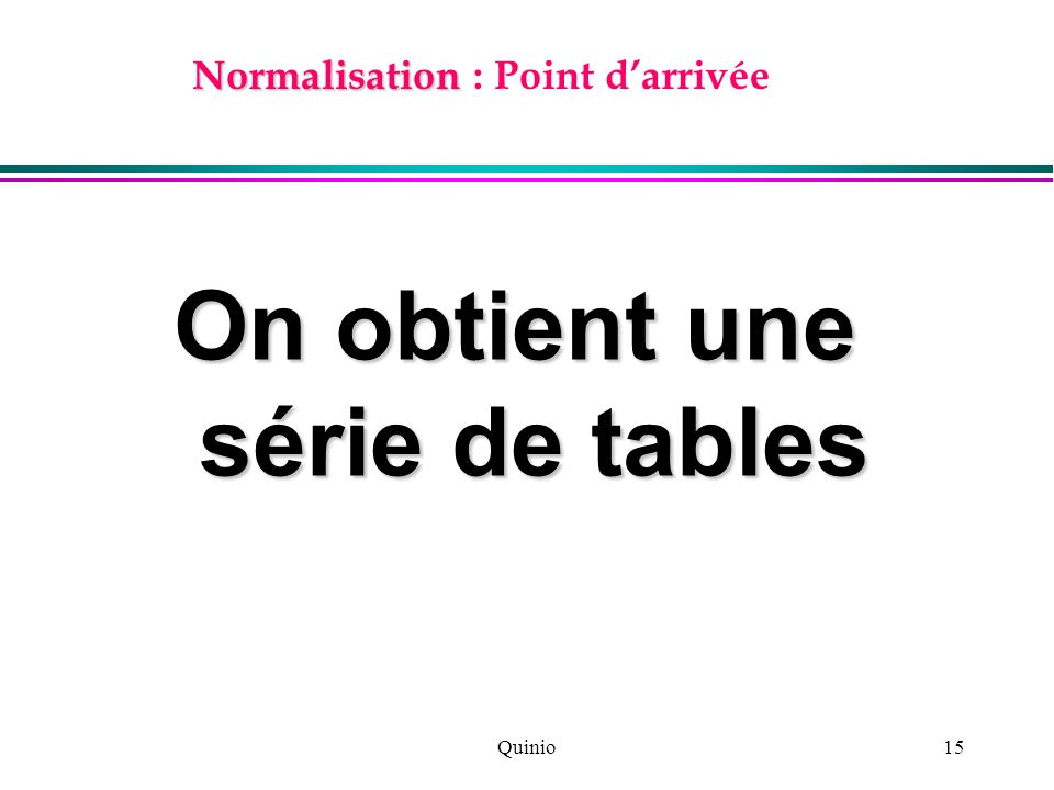 Quinio15 Normalisation Normalisation : Point d’arrivée On obtient une série de tables