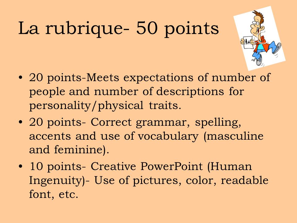 La rubrique- 50 points 20 points-Meets expectations of number of people and number of descriptions for personality/physical traits.