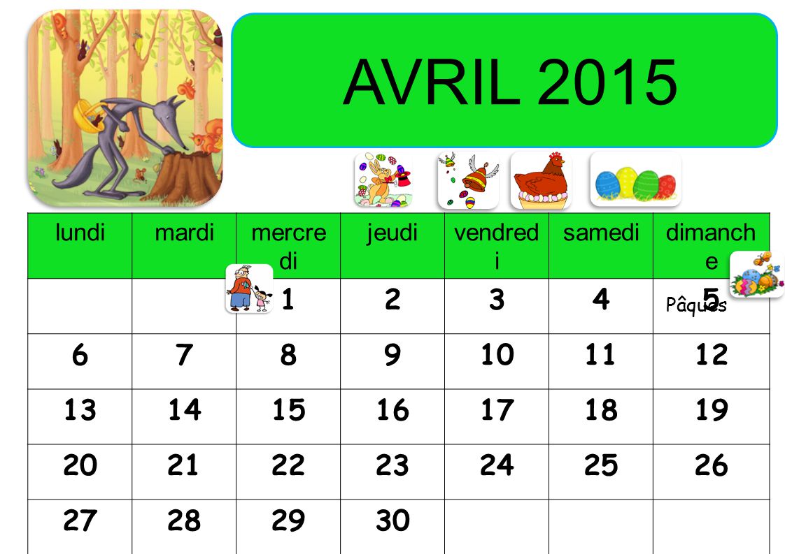 AVRIL 2015 lundimardimercre di jeudivendred i samedidimanch e Pâques