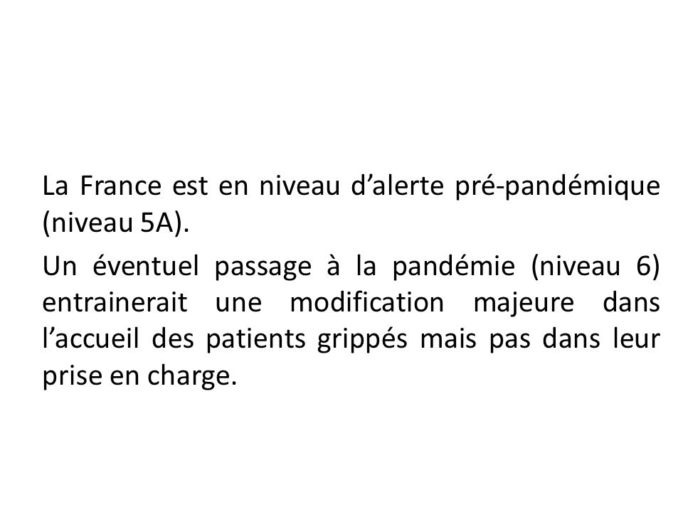 La France est en niveau d’alerte pré-pandémique (niveau 5A).