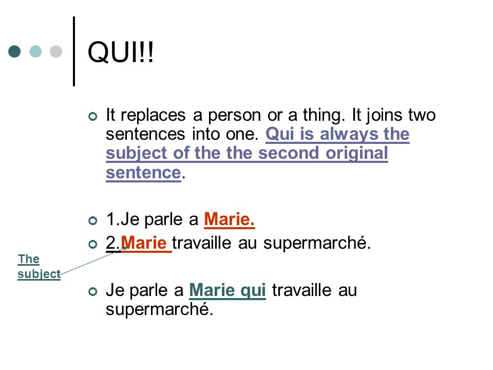 QUI!. It replaces a person or a thing. It joins two sentences into one.