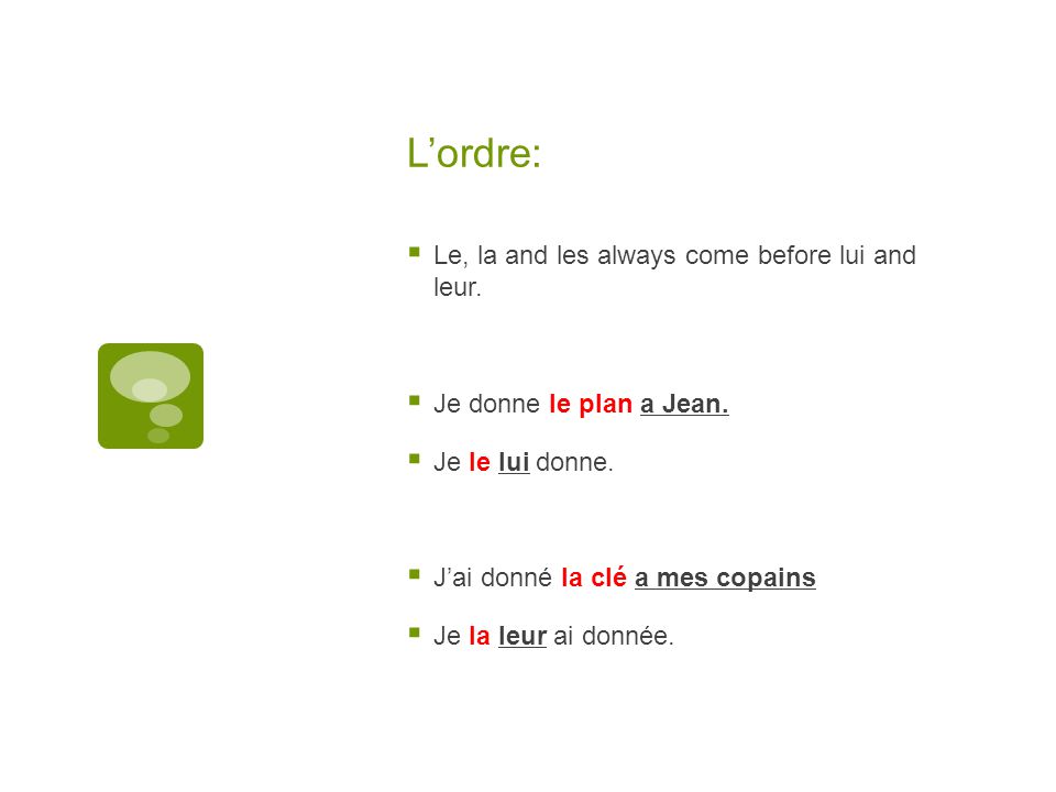 L’ordre:  Le, la and les always come before lui and leur.