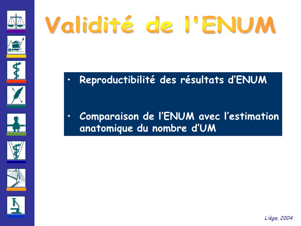 Liège, 2004 Reproductibilité des résultats d’ENUM Comparaison de l’ENUM avec l’estimation anatomique du nombre d’UM