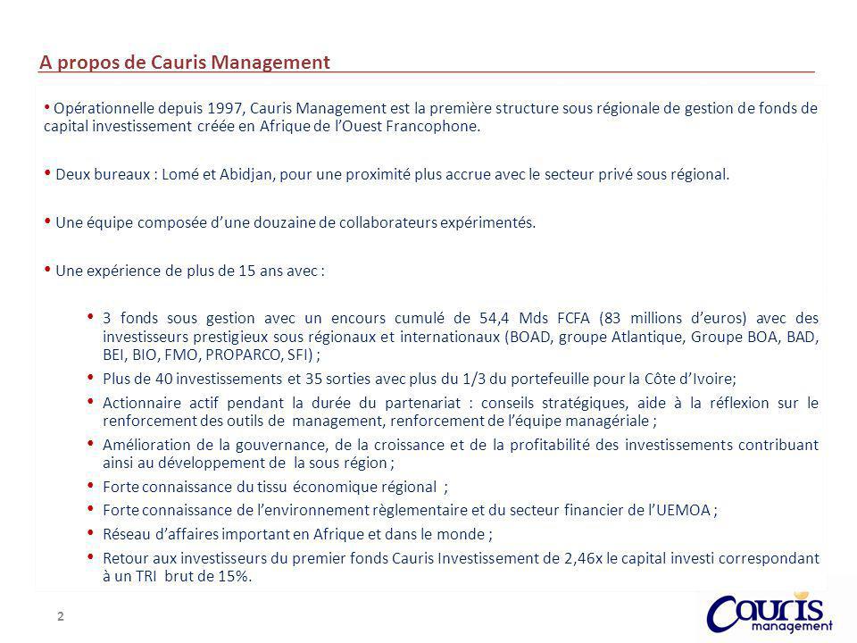 2 A propos de Cauris Management Opérationnelle depuis 1997, Cauris Management est la première structure sous régionale de gestion de fonds de capital investissement créée en Afrique de lOuest Francophone.