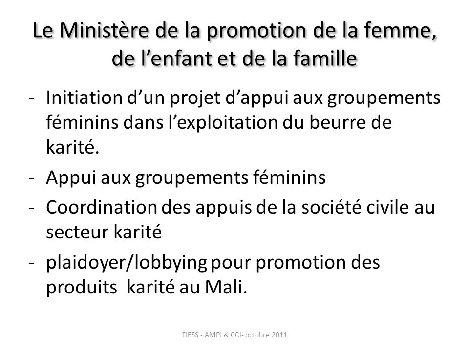 Le Ministère de la promotion de la femme, de lenfant et de la famille -Initiation dun projet dappui aux groupements féminins dans lexploitation du beurre de karité.