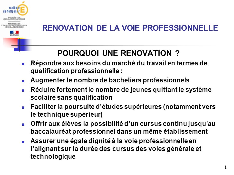 1 RENOVATION DE LA VOIE PROFESSIONNELLE POURQUOI UNE RENOVATION .