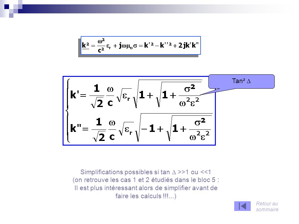 Tan² Simplifications possibles si tan >>1 ou <<1 (on retrouve les cas 1 et 2 étudiés dans le bloc 5 : Il est plus intéressant alors de simplifier avant de faire les calculs !!!...) Retour au sommaire