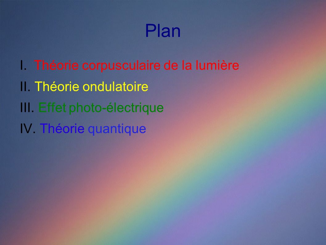 Plan I. Théorie corpusculaire de la lumière II. Théorie ondulatoire III.