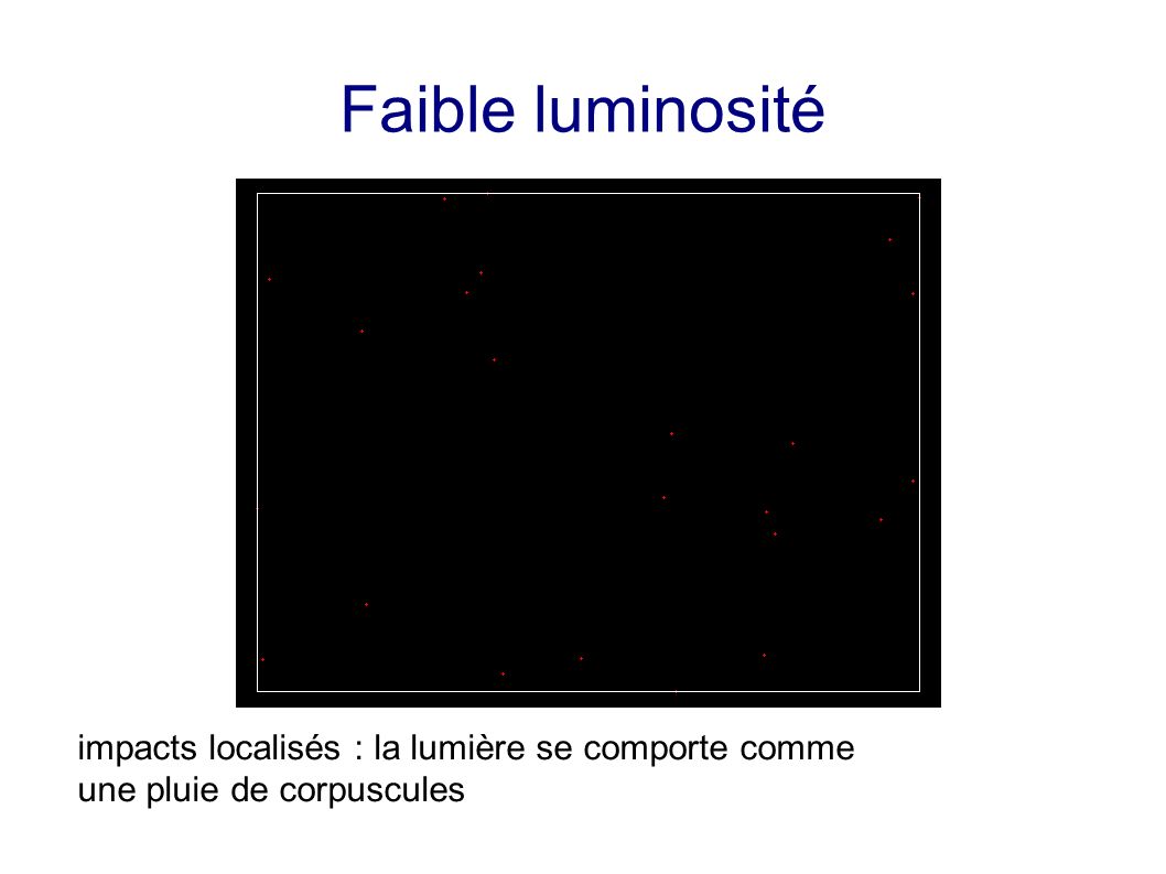 Faible luminosité impacts localisés : la lumière se comporte comme une pluie de corpuscules