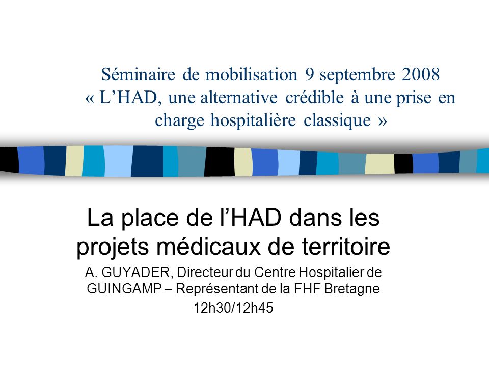 Séminaire de mobilisation 9 septembre 2008 « LHAD, une alternative crédible à une prise en charge hospitalière classique » La place de lHAD dans les projets médicaux de territoire A.