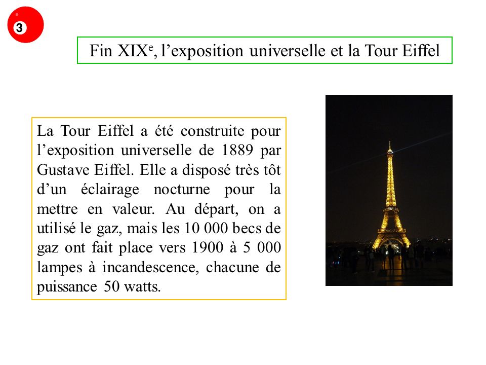 Fin XIX e, lexposition universelle et la Tour Eiffel La Tour Eiffel a été construite pour lexposition universelle de 1889 par Gustave Eiffel.