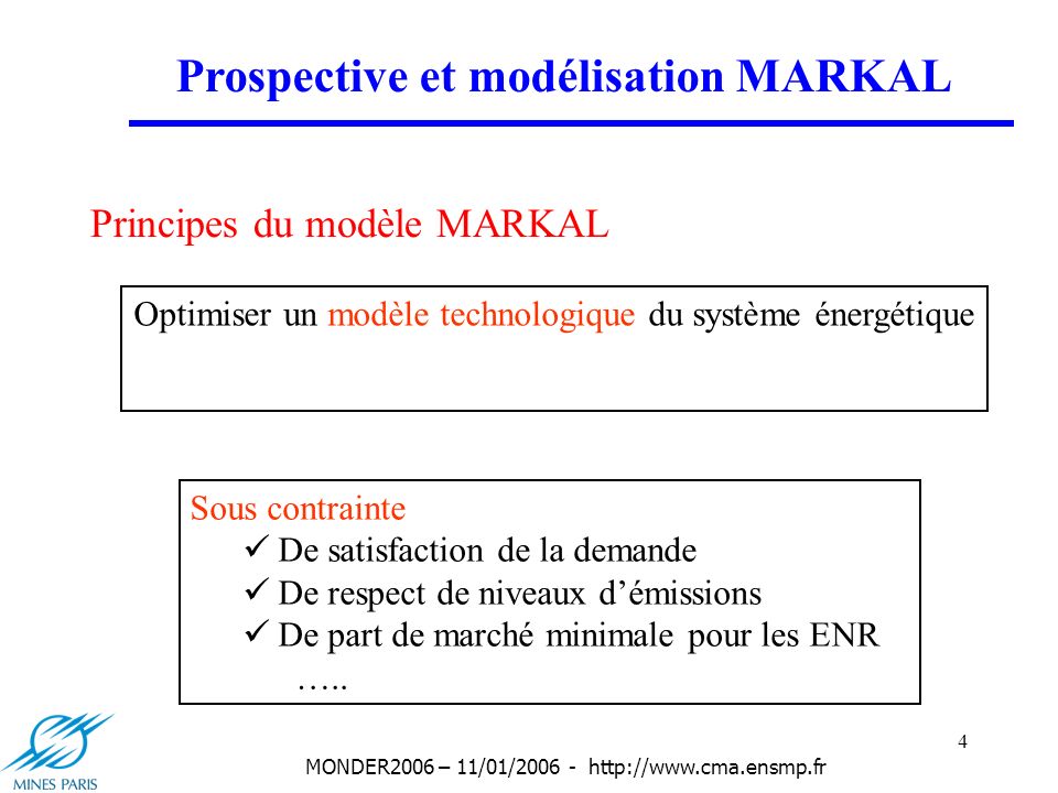 4 MONDER2006 – 11/01/ Principes du modèle MARKAL Optimiser un modèle technologique du système énergétique Sous contrainte De satisfaction de la demande De respect de niveaux démissions De part de marché minimale pour les ENR …..