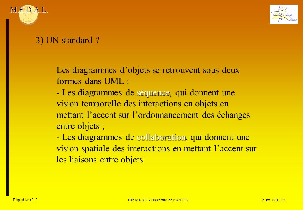 Alain VAILLY Diapositive n° 15 3) UN standard . IUP MIAGE - Université de NANTES M.E.D.A.L.