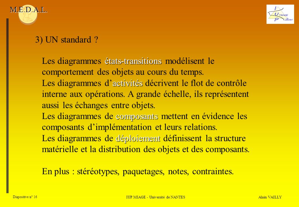 Alain VAILLY Diapositive n° 16 3) UN standard . IUP MIAGE - Université de NANTES M.E.D.A.L.