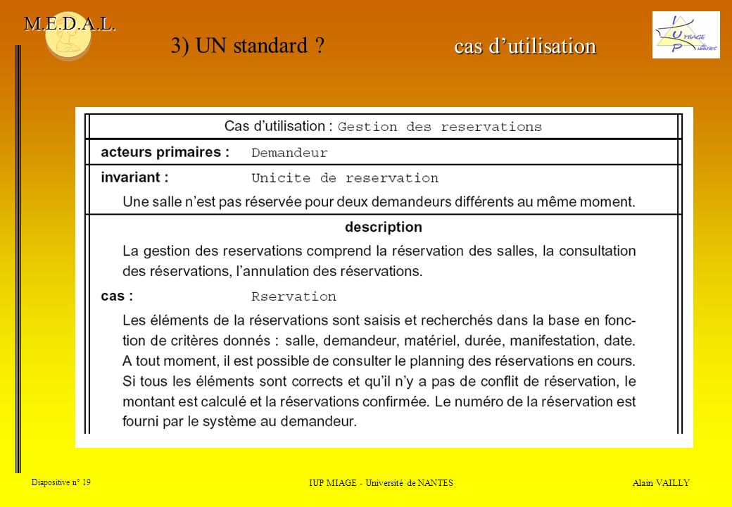 Alain VAILLY Diapositive n° 19 IUP MIAGE - Université de NANTES M.E.D.A.L.