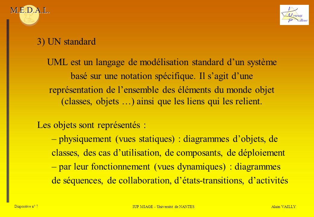 Alain VAILLY Diapositive n° 7 3) UN standard IUP MIAGE - Université de NANTES M.E.D.A.L.