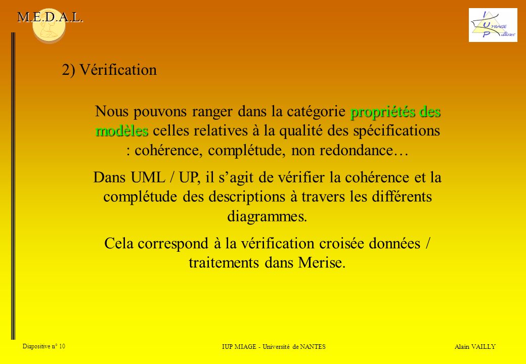Alain VAILLY Diapositive n° 10 2) Vérification IUP MIAGE - Université de NANTES M.E.D.A.L.