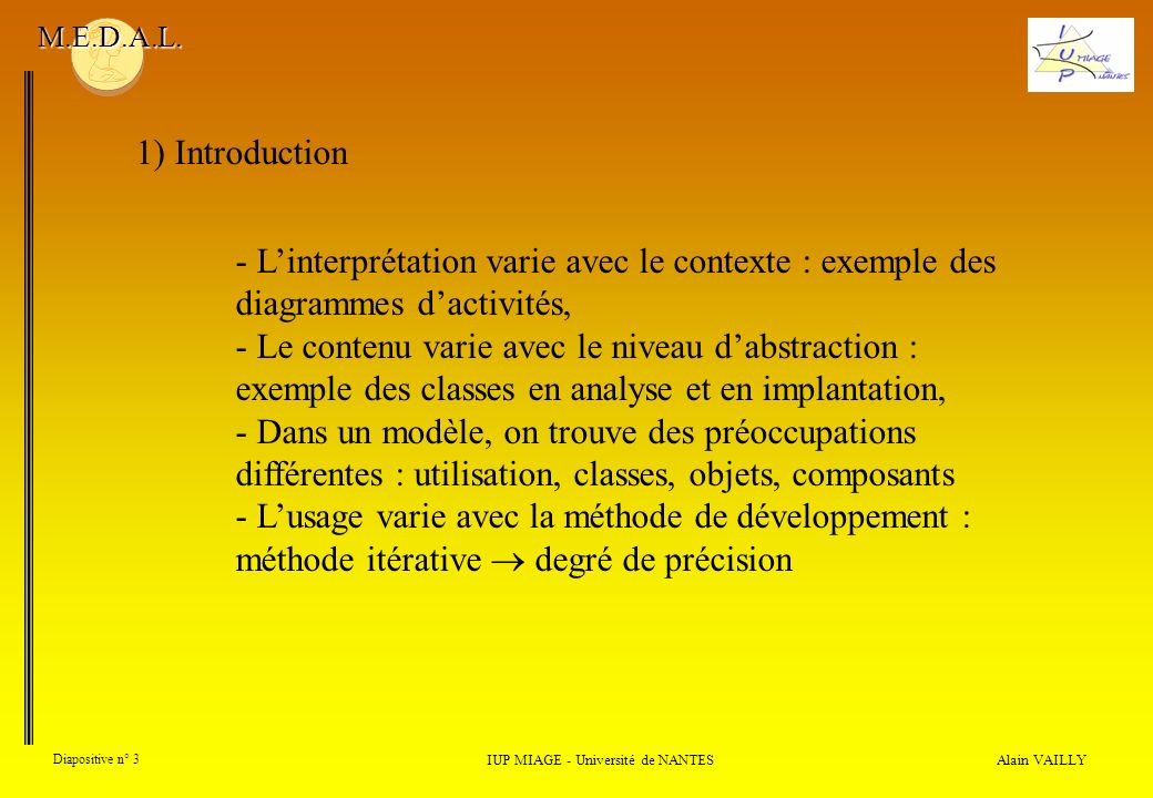 Alain VAILLY Diapositive n° 3 IUP MIAGE - Université de NANTES M.E.D.A.L.