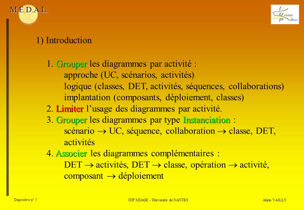 Alain VAILLY Diapositive n° 5 IUP MIAGE - Université de NANTES M.E.D.A.L.