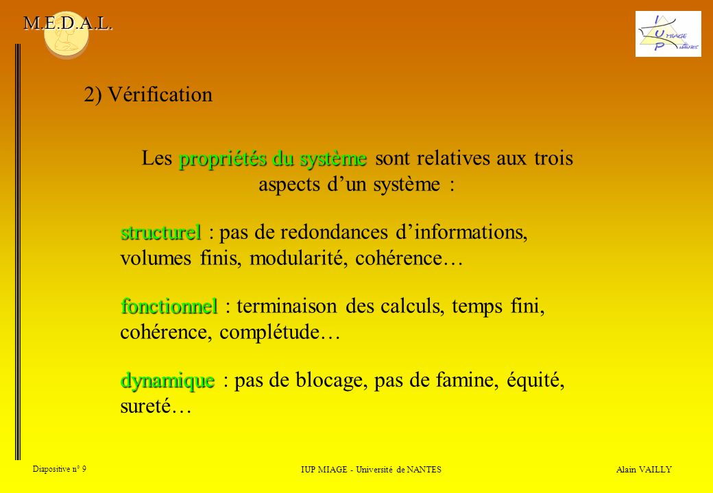 Alain VAILLY Diapositive n° 9 2) Vérification IUP MIAGE - Université de NANTES M.E.D.A.L.