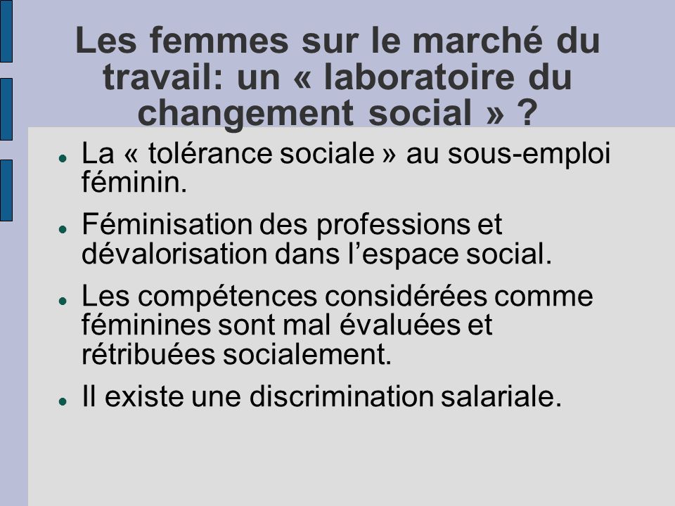 Les femmes sur le marché du travail: un « laboratoire du changement social » .