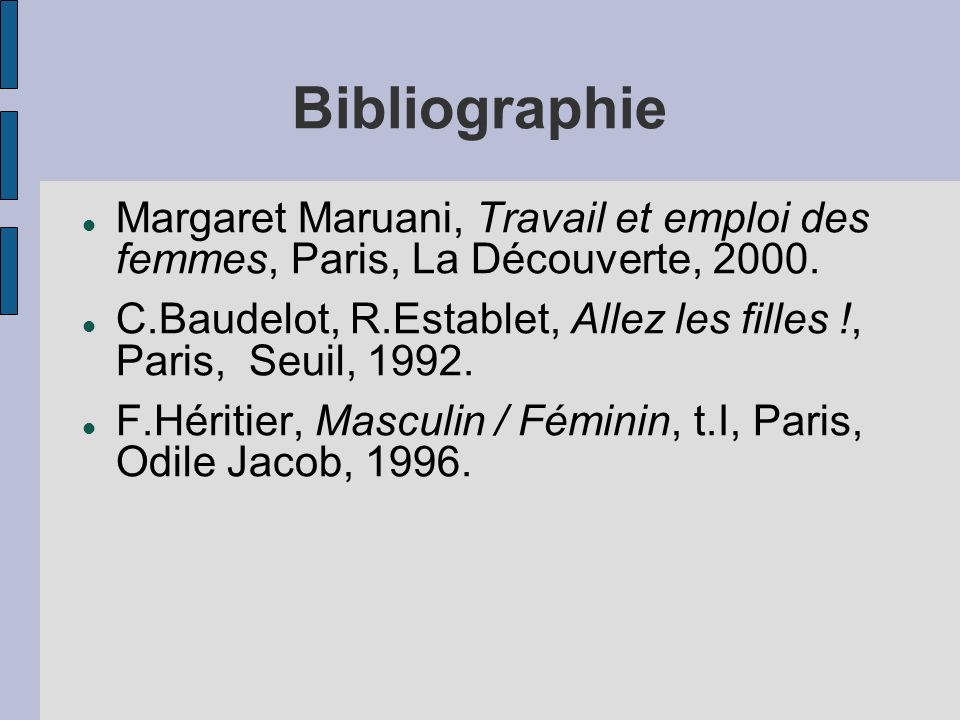 Bibliographie Margaret Maruani, Travail et emploi des femmes, Paris, La Découverte, 2000.