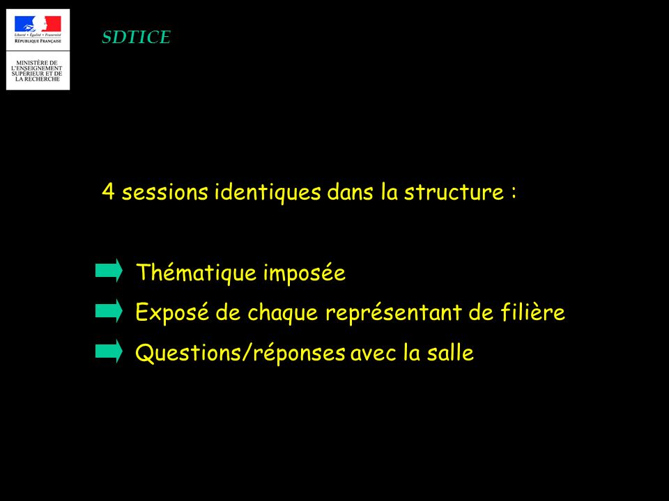 SDTICE 4 sessions identiques dans la structure : Thématique imposée Exposé de chaque représentant de filière Questions/réponses avec la salle