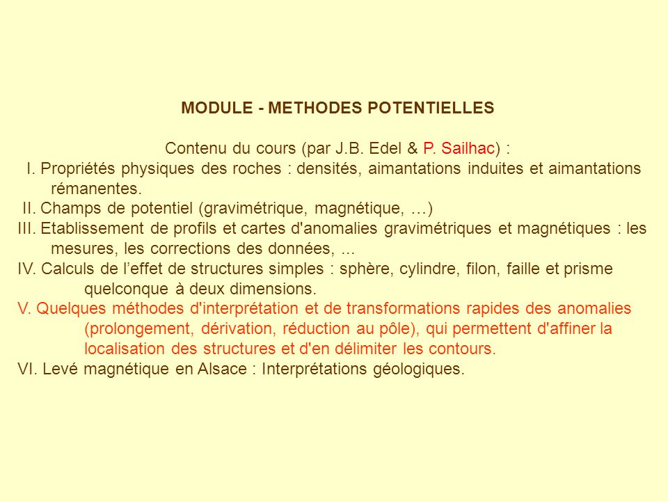 MODULE - METHODES POTENTIELLES Contenu du cours (par J.B.