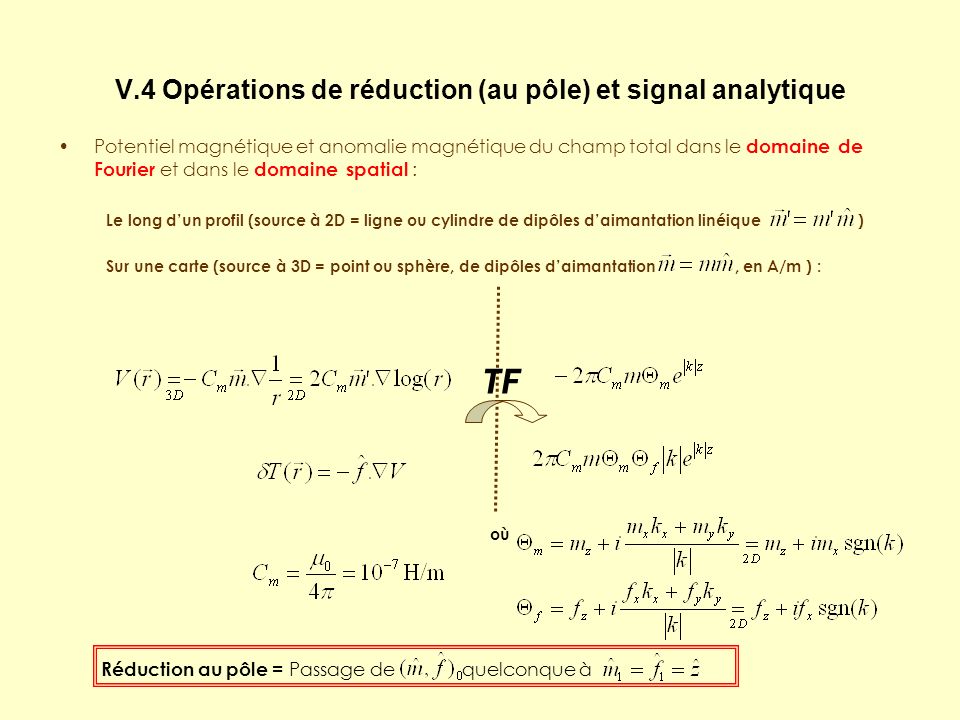 V.4 Opérations de réduction (au pôle) et signal analytique Potentiel magnétique et anomalie magnétique du champ total dans le domaine de Fourier et dans le domaine spatial : Le long dun profil (source à 2D = ligne ou cylindre de dipôles daimantation linéique ) Sur une carte (source à 3D = point ou sphère, de dipôles daimantation, en A/m ) : TF où Réduction au pôle = Passage de quelconque à