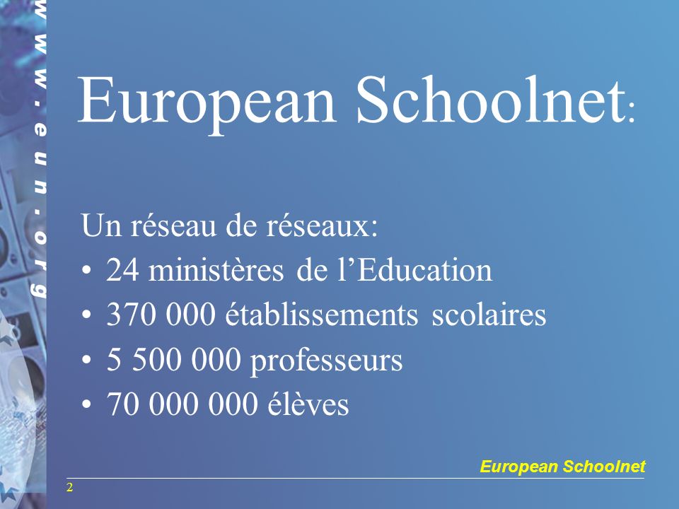 European Schoolnet 2 European Schoolnet : Un réseau de réseaux: 24 ministères de lEducation établissements scolaires professeurs élèves