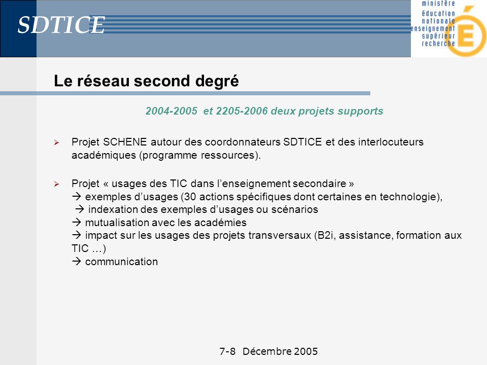 SDTICE 7-8 Décembre 2005 Le réseau second degré et deux projets supports Projet SCHENE autour des coordonnateurs SDTICE et des interlocuteurs académiques (programme ressources).