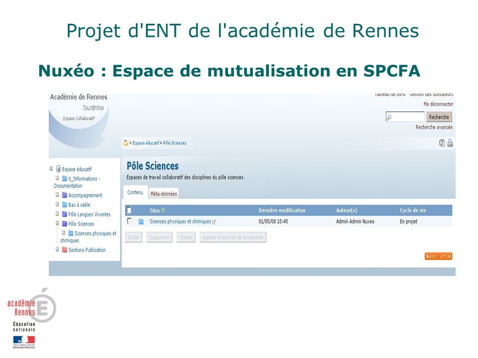 Projet d ENT de l académie de Rennes Nuxéo : Espace de mutualisation en SPCFA
