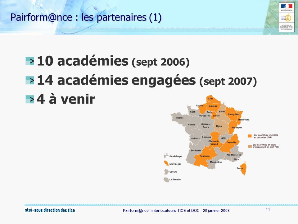- interlocuteurs TICE et DOC - 29 janvier : les partenaires (1) 10 académies (sept 2006) 14 académies engagées (sept 2007) 4 à venir