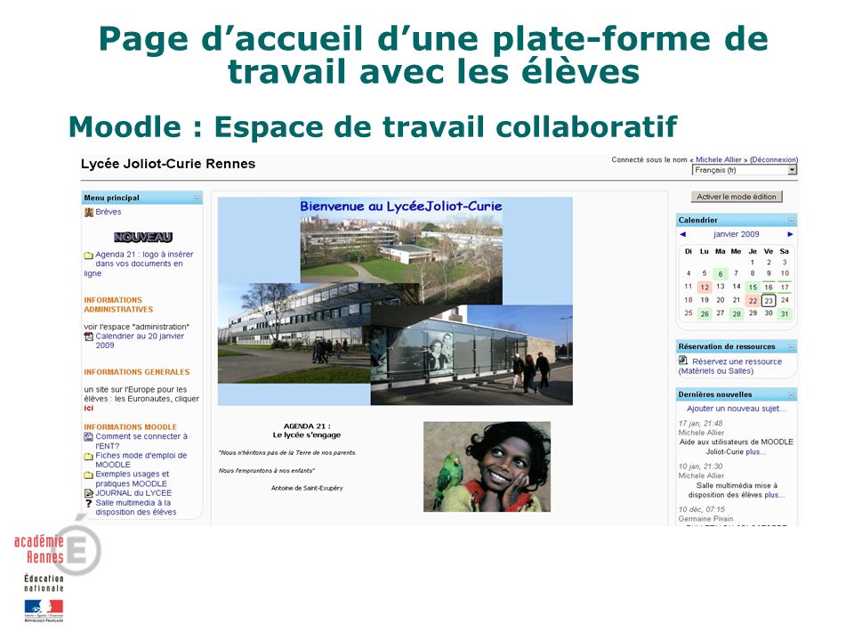 Page daccueil dune plate-forme de travail avec les élèves Moodle : Espace de travail collaboratif