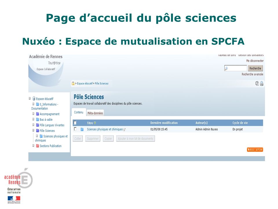 Page daccueil du pôle sciences Nuxéo : Espace de mutualisation en SPCFA