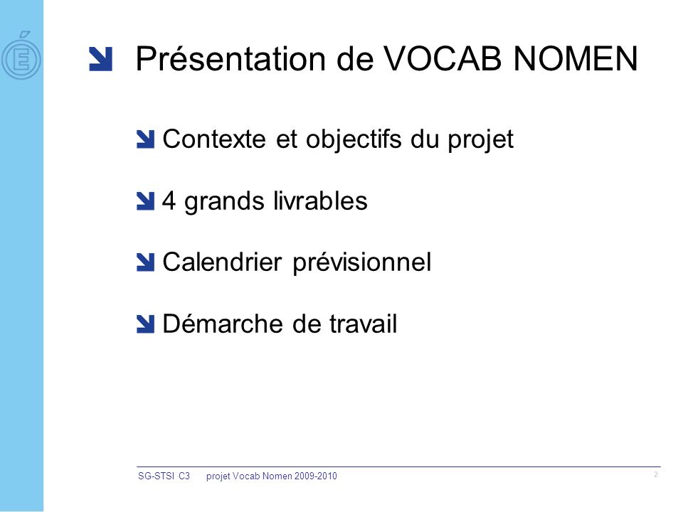 Présentation de VOCAB NOMEN Contexte et objectifs du projet 4 grands livrables Calendrier prévisionnel Démarche de travail SG-STSI C3projet Vocab Nomen