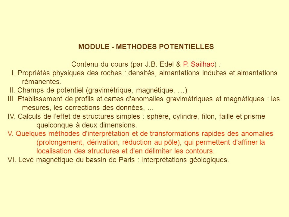 MODULE - METHODES POTENTIELLES Contenu du cours (par J.B.