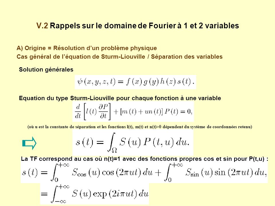 V.2 Rappels sur le domaine de Fourier à 1 et 2 variables A) Origine = Résolution dun problème physique Cas général de léquation de Sturm-Liouville / Séparation des variables Solution générales Equation du type Sturm-Liouville pour chaque fonction à une variable (où u est la constante de séparation et les fonctions l(t), m(t) et n(t)>0 dépendent du système de coordonnées retenu) La TF correspond au cas où n(t)=1 avec des fonctions propres cos et sin pour P(t,u) :