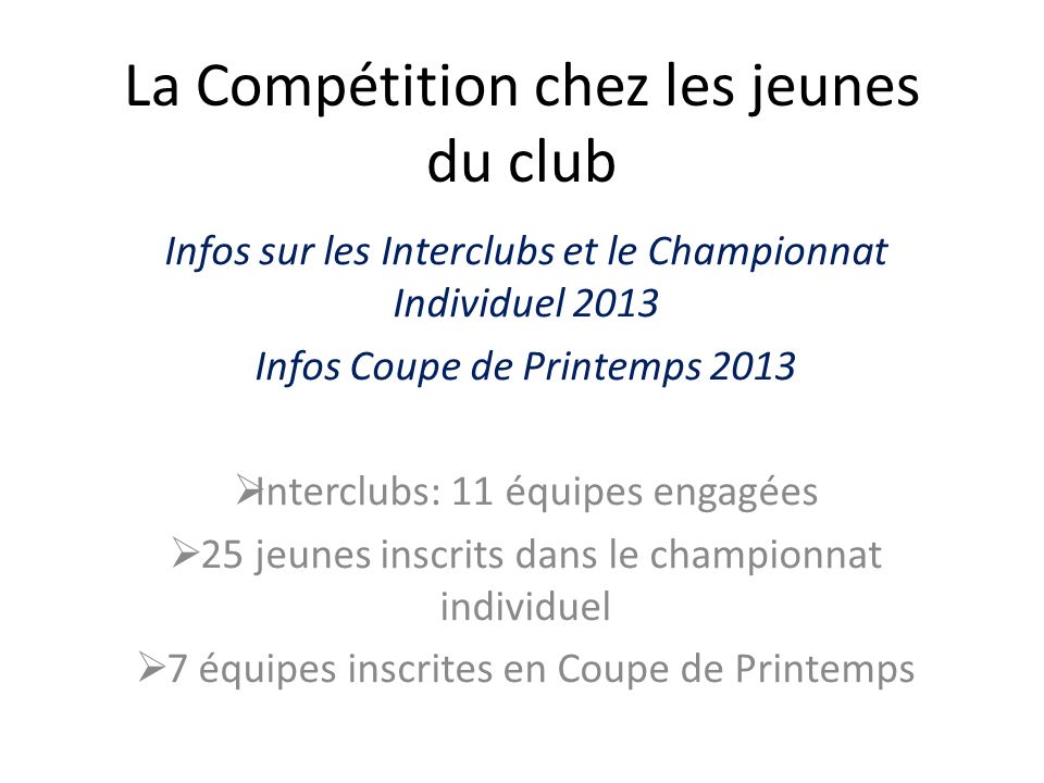 La Compétition chez les jeunes du club Infos sur les Interclubs et le Championnat Individuel 2013 Infos Coupe de Printemps 2013 Interclubs: 11 équipes engagées 25 jeunes inscrits dans le championnat individuel 7 équipes inscrites en Coupe de Printemps