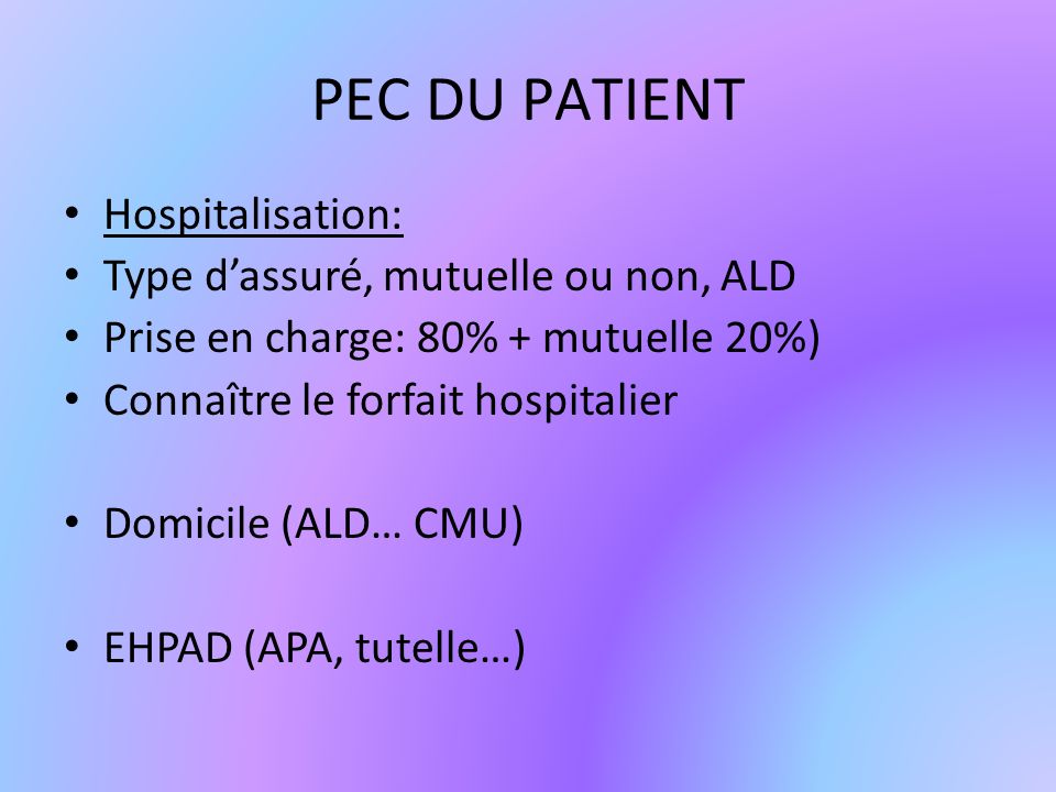 PEC DU PATIENT Hospitalisation: Type dassuré, mutuelle ou non, ALD Prise en charge: 80% + mutuelle 20%) Connaître le forfait hospitalier Domicile (ALD… CMU) EHPAD (APA, tutelle…)