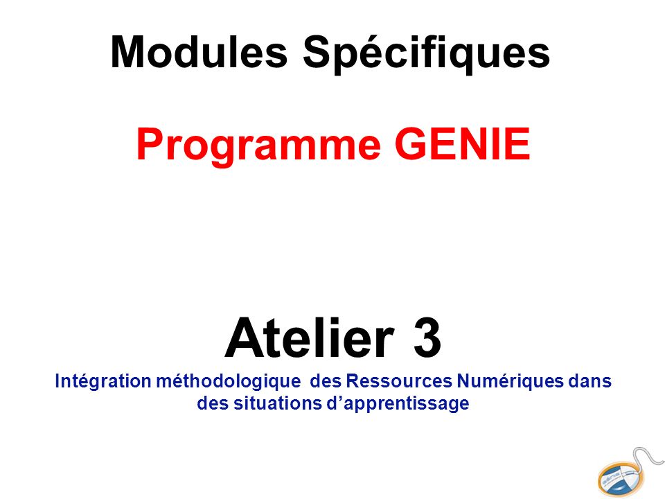 Modules Spécifiques Programme GENIE Atelier 3 Intégration méthodologique des Ressources Numériques dans des situations dapprentissage