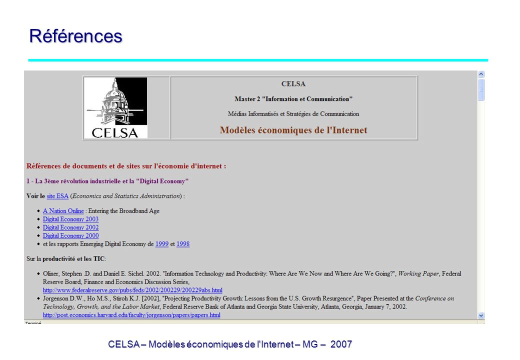 CELSA – Modèles économiques de l Internet – MG – 2007 Références