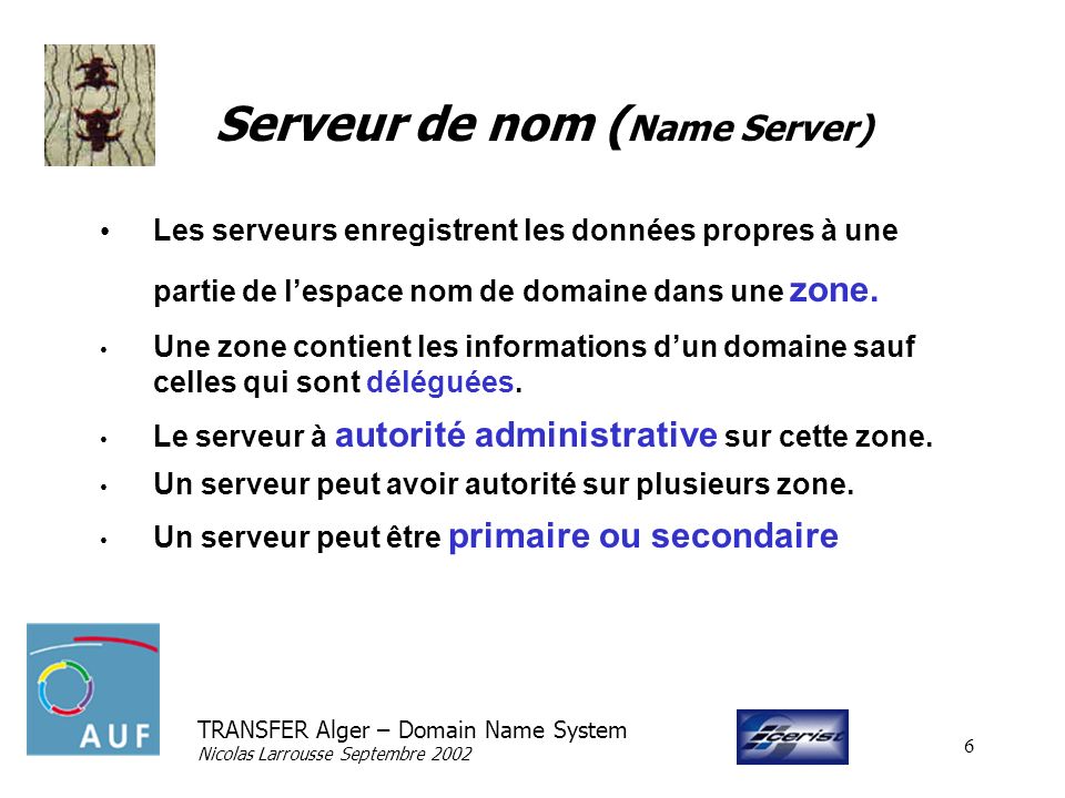 TRANSFER Alger – Domain Name System Nicolas Larrousse Septembre Serveur de nom ( Name Server) Les serveurs enregistrent les données propres à une partie de lespace nom de domaine dans une zone.